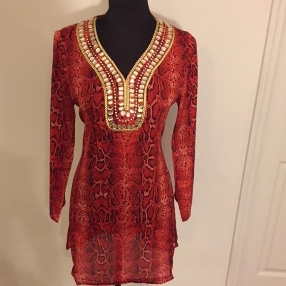 IMAN Orange & Black Jeweled V-Neckline w/Gold Piping Tunic Top Blouse SMALL NWT - Picture 2 of 8